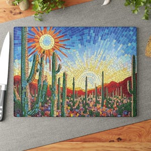Southwest Desert Landscape Charcuterie Board Saguaro Cactus Tempered Glass Cutting Board Gift For Mom