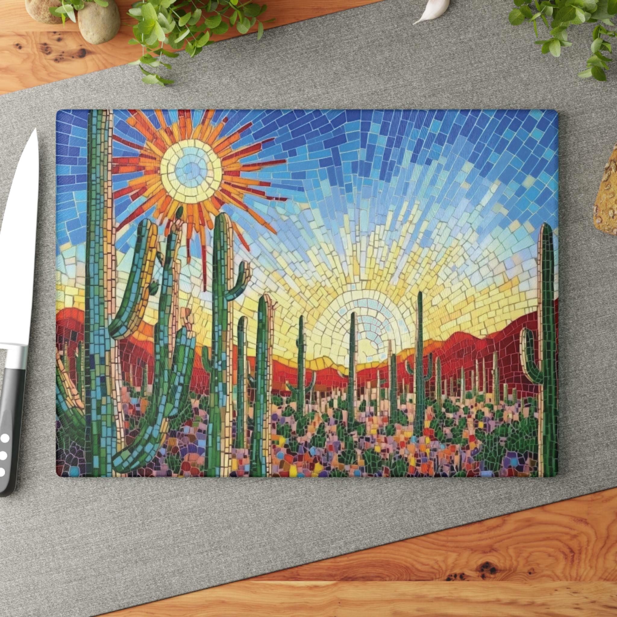 Southwest Desert Landscape Charcuterie Board Saguaro Cactus Tempered Glass Cutting Board Gift For Mom