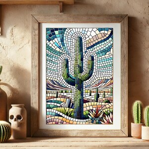 Digitales Mosaik Saguaro Kaktus Wandkunst, Digital Download Bundle für Sublimation, Digitaldruck Download für Poster, 23 Größenoptionen