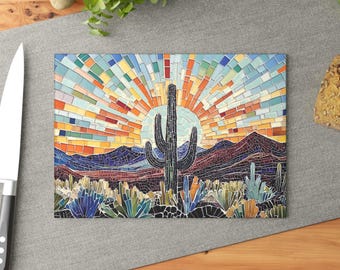 Southwest Charcuterie Board Saguaro Cactus Sunset Landscape Challah Board Mosaic Tile Design Boho Glass Cutting Board Gift For Wedding