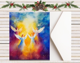 Conjunto de Cartões de Natal com Anjos em Aquarela, Cartões de Cumprimentos Religiosos