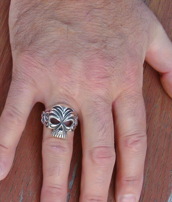 Skull Ring, Sterling Silver Textured Men's Biker R