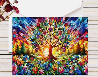 Stained Glass Tree of Life Greeting Cards: Garden of Eden Stationery Set