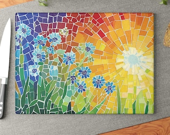 Tabla de cortar de vidrio templado con mosaico de flores silvestres: Arte de paisaje al atardecer