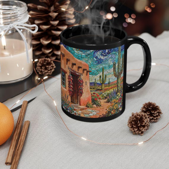 Southwest Santa Fe Adobe Home Mug | Van Gogh Arizona Black Ceramic Coffee  Cup