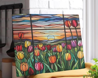 Charcuterie Board Tulip Flower Landscape Stained Glass Kitchen Cutting Board Glass Challah Board, Garden Wedding Gift For Best Friend