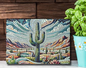 Arizona Desert Mosaic Landscape Saguaro Cactus Stained Glass Design Glass Cutting Board, 2 Sizes, Housewarming Gift