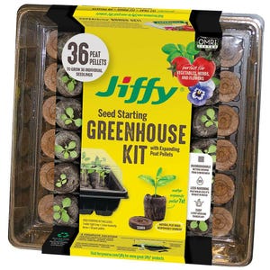 May include: A Jiffy seed starting greenhouse kit featuring a clear plastic tray with 36 peat pellets. The yellow packaging displays the text Jiffy Seed Starting Greenhouse Kit, 36 Peat Pellets, and includes illustrations of seedlings, tomatoes, and a pansy.