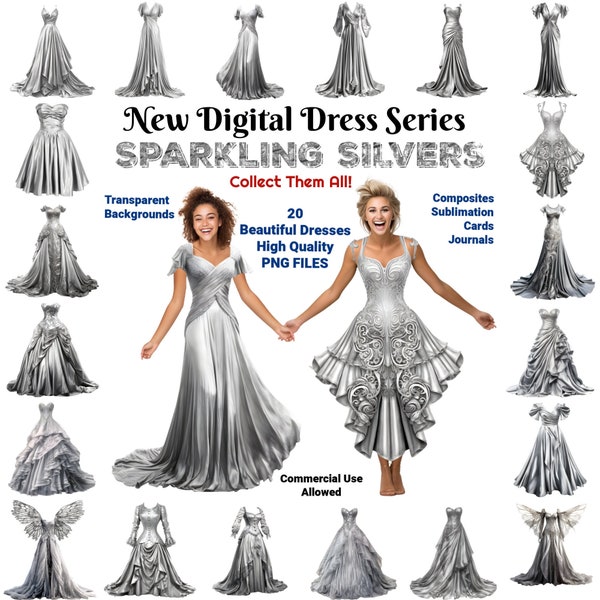 DIGITAL DRESSES, 20 PNG, Overlay, Composite, Designer Gown, Backdrop, Embellish, Fairytale,  Photoshop, Fashion, Silver, Cards, Princess