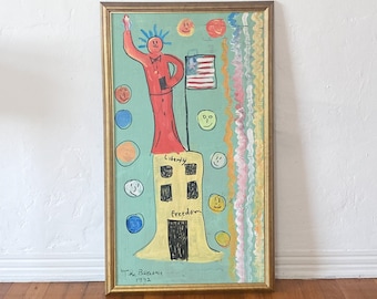 Statue of Liberty US Flag Outsider Folk Art Vertical Framed Painting. American Outsider Naive Naif Art. Vintage Gallery Wall. Patriotic.