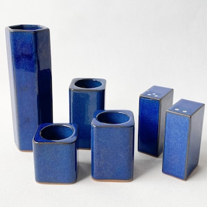 Blue Glazed Ceramic Six Piece Tableware Set. Vase, Tea Lights, and Salt and Pepper Shaker. Minimalist Lines. Host Gift. Housewarming Gift.