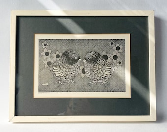 Vintage Yvonne Davis Lithograph: Love Birds Crosshatch Print, Framed