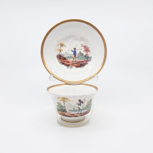 Antique Vieux Paris Porcelain Teacup and Saucer: Hand Painted Rustic European Set