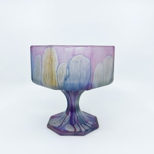 Hand Painted Glass Pedestal Dish: Nouveau Art Glass, Pastel Drip Design