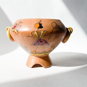 Midcentury Modern Italian Folk Art Pottery Urn. Hand painted Featuring Butterfly, Butterfly Catcher and Flowers. Rustic Vintage Home Décor.