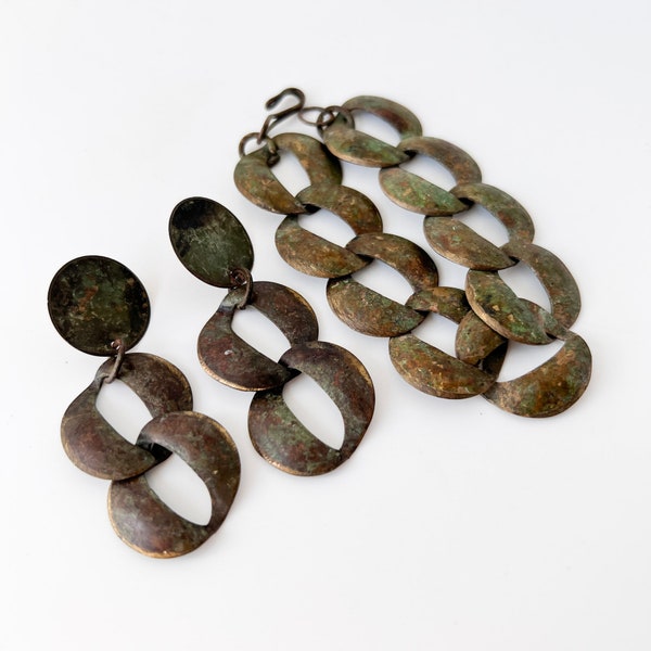 Retro 1980’s Style Statement Verdigris and Brass Earrings and Bracelet Set. Statement Jewelry. Modern Brutalist Organic Jewelry.