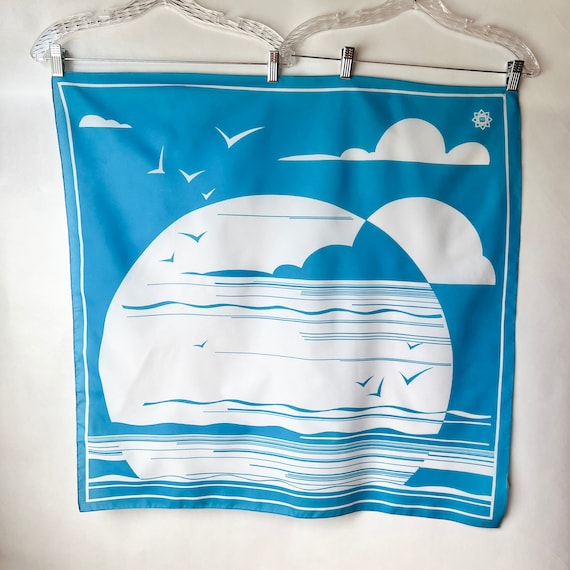 Vintage Turquoise Sunscape Scarf: 1980s Italian Graphic Scarf