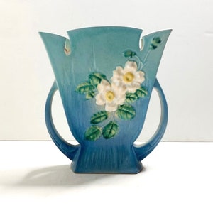 Vintage Roseville Pottery Vase: White Rose, Sky Blue, 1940s Decor