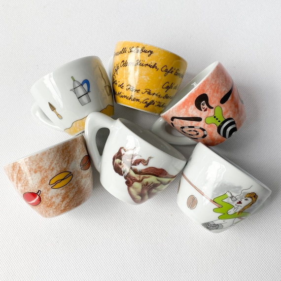 Set aus 6 Espresso Tassen: Memphis Modern, Italienisches Design, Post-Modern Dekor
