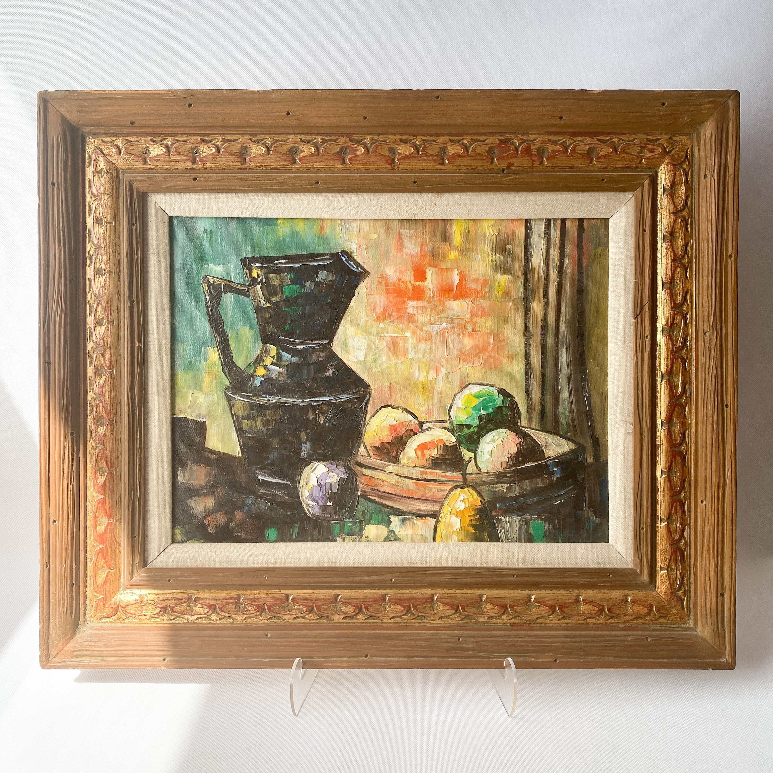 ヴィンテージミッドセンチュリー油絵：ピッチャーとフルーツの