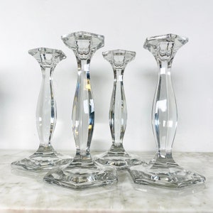 Pair of 9' Clear Glass Heisey Patrician Candlesticks. Vintage Pressed Glass. Tablescape Decor. Holiday Table Decoration.