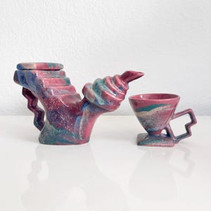 Post Modern Memphis Style Ceramic Teapot and Footed Mug. Charles Nalle Abstract. Retro 1980s Vintage Sculptural Home Decor.