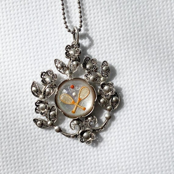 Vintage Silver Pendant. Floral Filagree Tennis Pe… - image 3