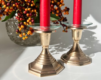 Vintage Pair of 3.25’ Brass Candlesticks. Brass candlestick holders. Mantel or Tablescape Décor. Holiday Decoration.