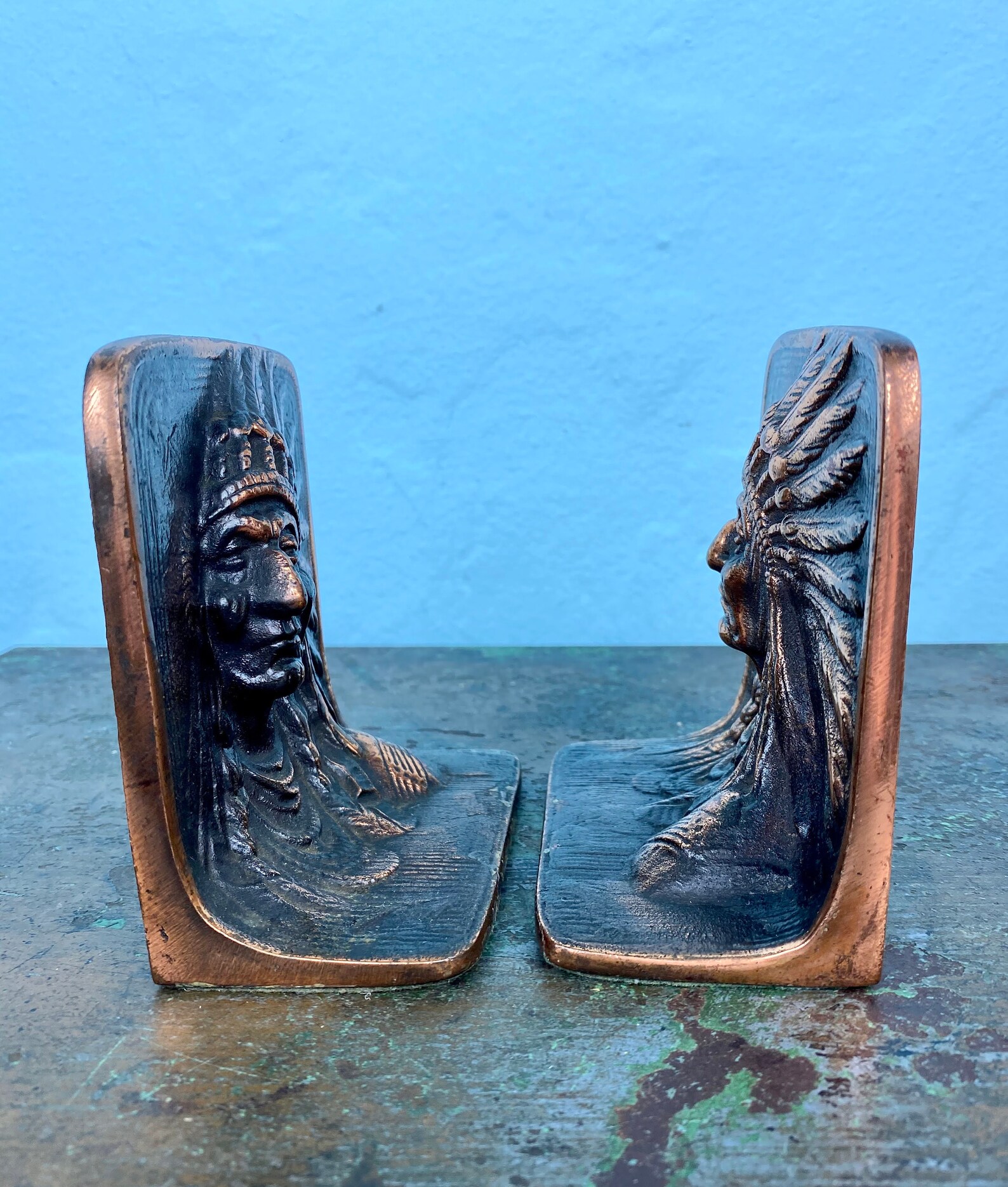 Native American Indian Chief Vintage Bookends Bronze Etsy