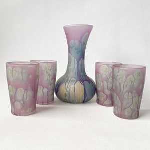 Rueven Glass by Nouveau Art Glass Co. Hand painted Glass Decanter Set. Decanter and 4 Water Wine Glasses. Spring Easter Table Setting