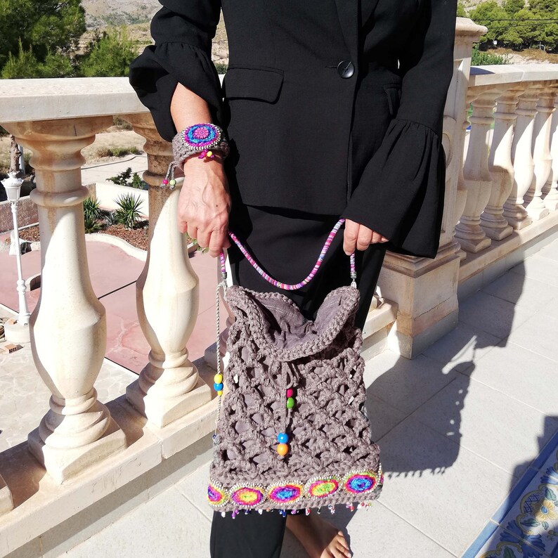 Casual bag Grey crochet bag Grey shoulder bag Ethnic Tribal bag for women Medium size bag Hippie chic tote bag Colorful bag Ethnic bag