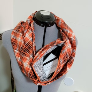 Orange Plaid Fall Pocket Infinity Scarf - Pocket Scarf - Secret Pocket Scarf - Hidden Pocket Scarf -
