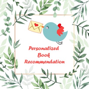 Könnte beinhalten: Ein blauer Vogel mit rotem Flügel hält einen gelben Umschlag mit einem roten Herzen. Der Vogel fliegt auf ein weißes Quadrat mit dem Text "Personalisierte Buch Empfehlung" in rot zu.