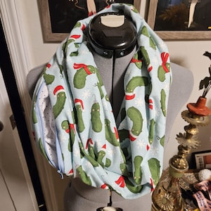 READY TO SHIP Christmas Pickle Pocket Scarf - Pocket Infinity Scarf - Hidden Pocket Scarf - Holiday Gift - Travel Gift