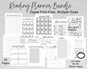 Reading Journal Planner Printable Bundle, Reading Challenges, Book Reviews, Monthly Reading Goals, Reading Stats PDF, 20 Pages