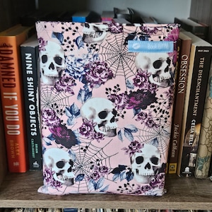 Cute Gothic Skull, Spiderwebs & Flower Booksleeve - 3 Sizes Available - Tablet Sleeve - Kindle Sleeve - Gift for Book Lovers