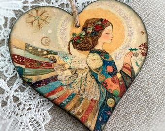 Spiritual Guardian Angel Hanging Heart Ornament, Celestial Decorations, Christmas Angel Gifts