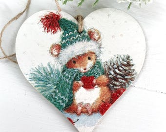 Little mouse Christmas tree decoration, cute Christmas ornament, Cute mouse, mouse gift, handmade decoupage heart decoration
