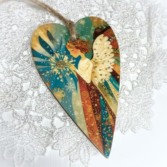 Folk Art Christmas Angel, Primitive Heart Ornament, Hanging Wood Heart Decorations