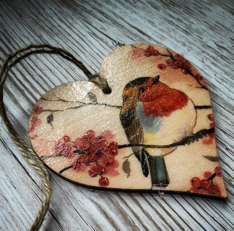 Robin Decoupaged Beautiful Christmas Robin Heart Decoration Decoupaged Wooden | Etsy UK