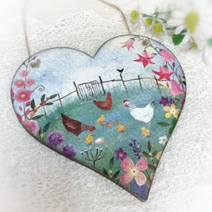 Spring chickens and chicks decoupage heart decoration, handmade chicken gifts, farmhouse style home decor, Spring/Summer home accessories