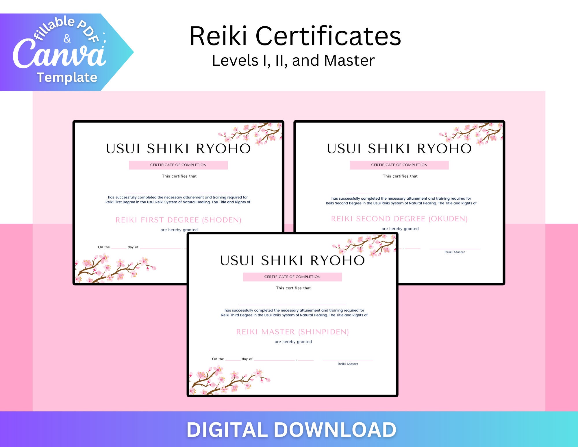 Reiki Certificates Levels I, II, and Master, Fillable PDF, Canva Reiki ...