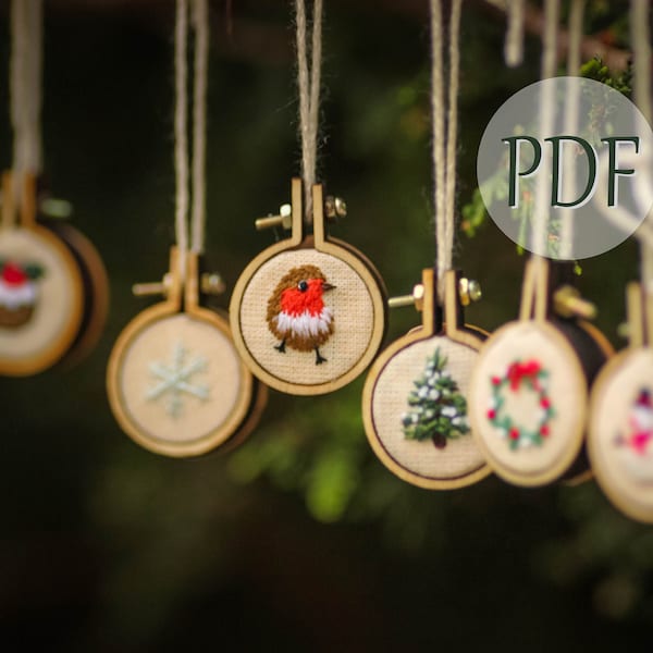6 mini adornos/aretes de aro de bordado navideños DIY *Patrón digital* Guía de manualidades festivas paso a paso (solo PDF)