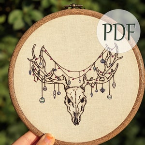 Reindeer Skull Embroidery Pattern Christmas PDF decoration baubles ornaments antlers DIY craft festive gothic