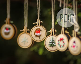 DIY Christmas 6 Mini Embroidery Hoop Decorations/Earrings *Digital Pattern* step by step festive craft guide PDF only