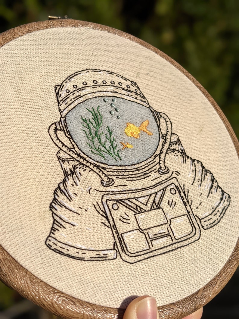 Astronaut Fish Bowl Embroidery pattern digital PDF guide spaceman hand embroidery image 6