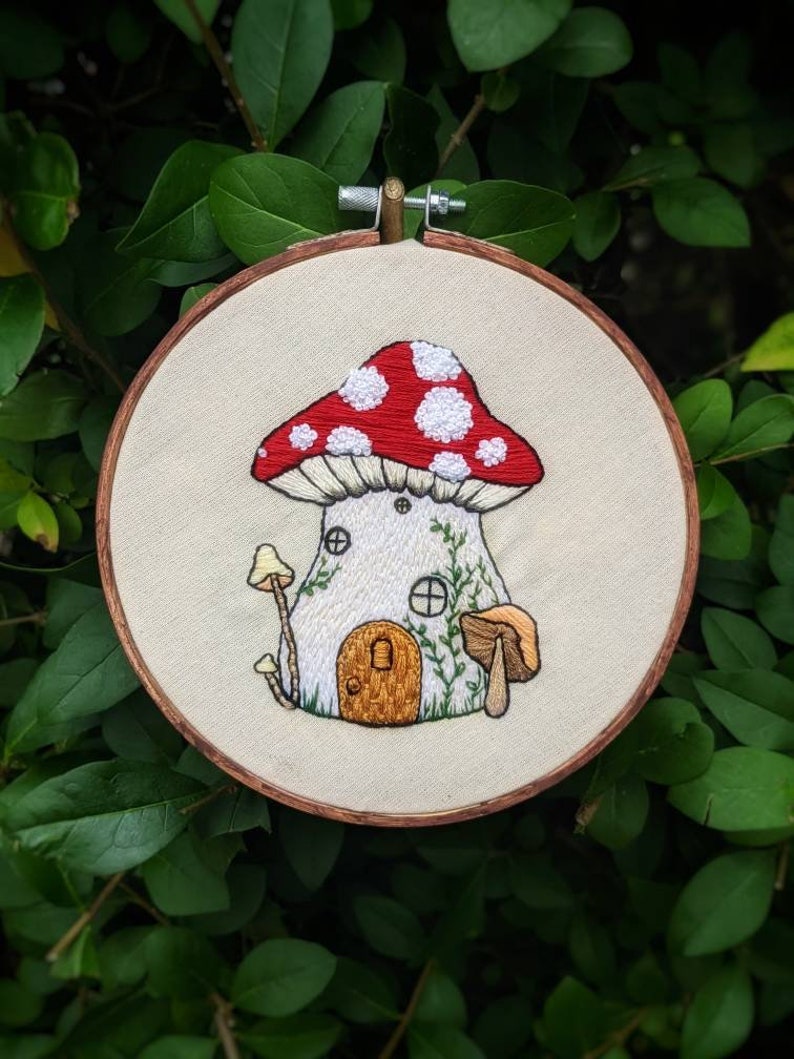 Mushroom Fairy House Embroidery Pattern digital PDF pattern hand embroidery step by step guide image 1