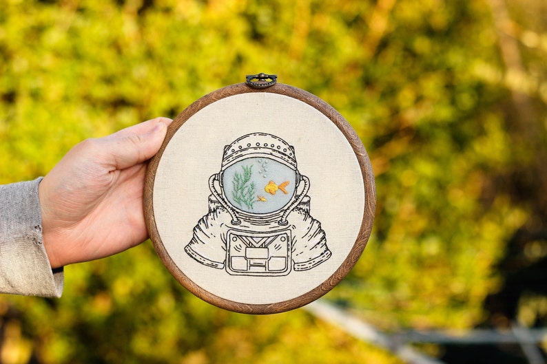 Astronaut Fish Bowl Embroidery pattern digital PDF guide spaceman hand embroidery image 7