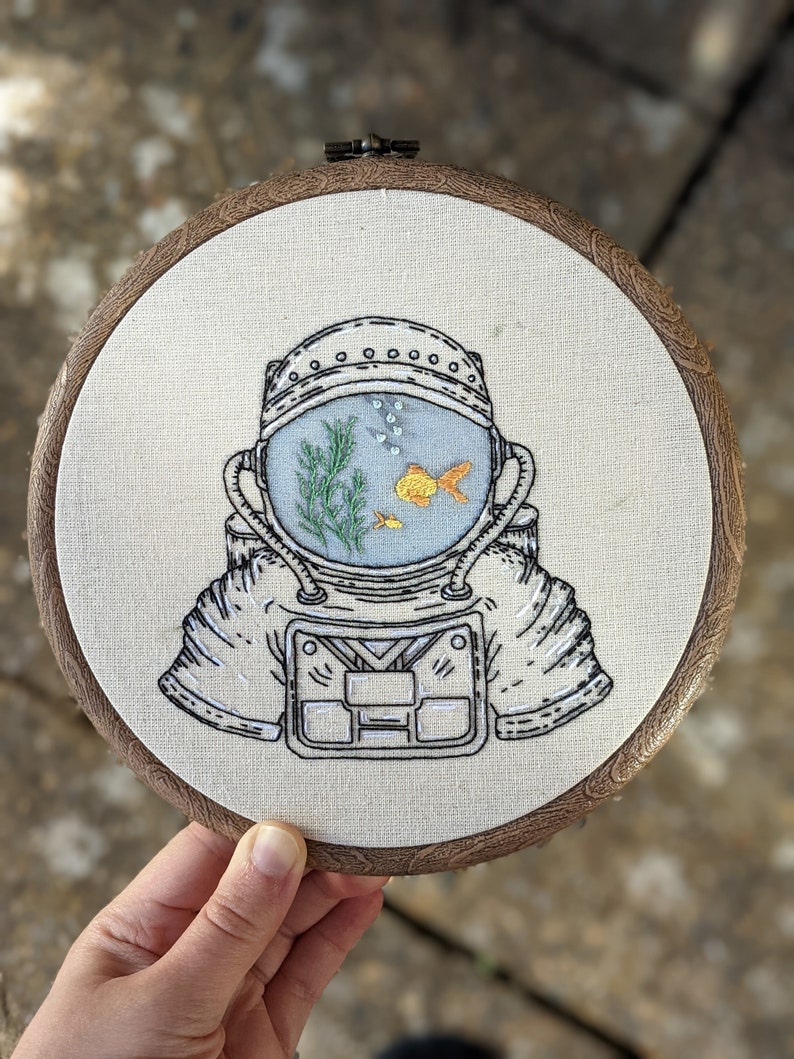 Astronaut Fish Bowl Embroidery pattern digital PDF guide spaceman hand embroidery image 4