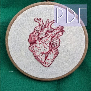 Anatomical heart embroidery pattern PDF guide step by step decorative wall art gift